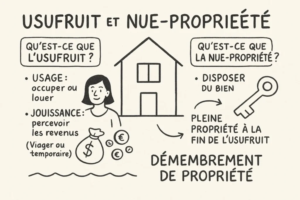 L’infographie montre une maison au centre, séparant deux personnages. À gauche, une femme symbolise l’usufruit : usage du bien et perception des loyers. À droite, une clé illustre la nue-propriété : droit de disposer du bien et pleine propriété à terme. En bas, le mot "Démembrement de propriété" relie les deux notions.