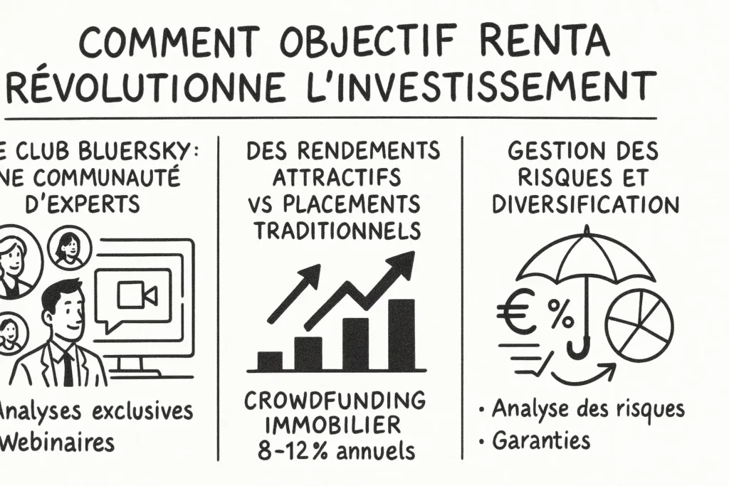 L’infographie présente trois piliers d’Objectif Renta. À gauche, le Club BluerSky est symbolisé par des visages et un écran de visioconférence (analyses exclusives, webinaires). Au centre, un graphique ascendant illustre les rendements attractifs du crowdfunding immobilier (8-12%). À droite, un parapluie protège des symboles financiers pour représenter la gestion des risques et la diversification.