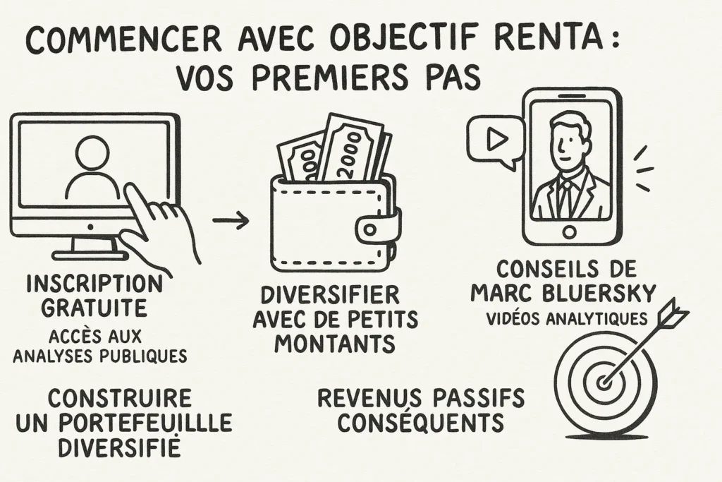 L’infographie illustre les premières étapes avec Objectif Renta. À gauche, un écran et une main indiquent l’inscription gratuite avec accès aux analyses. Au centre, un portefeuille avec des billets évoque la diversification avec de petits montants. À droite, un smartphone avec Marc BluerSky symbolise ses conseils vidéo, et une cible représente la construction d’un portefeuille générant des revenus passifs.