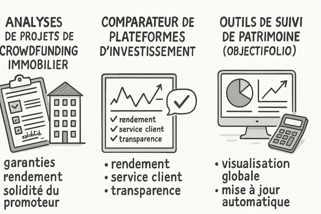 L’infographie présente trois services clés d’Objectif Renta. À gauche, une planche et un immeuble illustrent l’analyse de projets immobiliers (garanties, rendement, solidité du promoteur). Au centre, un graphique met en avant le comparateur de plateformes (rendement, service client, transparence). À droite, un écran avec un camembert et une calculatrice symbolisent ObjectiFolio pour le suivi de patrimoine.