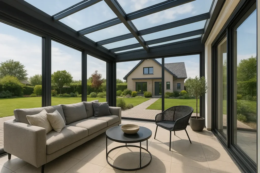 véranda moderne aec vu sur maison